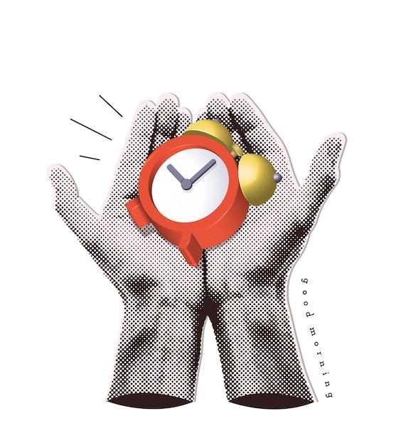 Vector trendy halftone collage with two hands holding red vintage d render alarm clock time management and