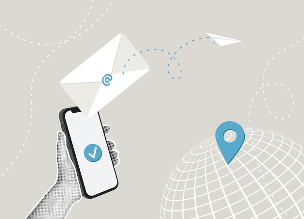 Trendy halftone collageE-mailcommunicatie en wereldwijde communicatieCommunicatieconcept via e-mail