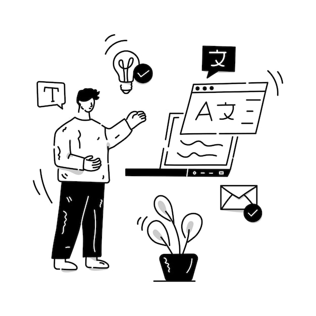 A trendy hand drawn illustration of website translation