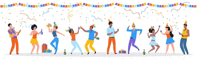 Vector trendy happy dancing group of men and women with party hat