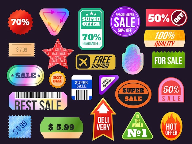 Trendy holografische stickerverkooplabels en tags uit de jaren 90. retro korting, prijs en kwaliteit product glanzende stickers met procent vector set