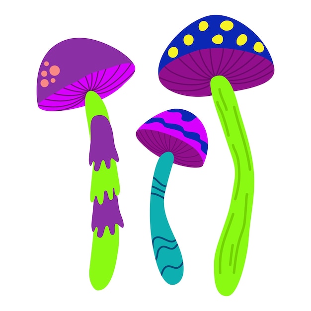 Illustrazione alla moda di funghi astratti acidi nello stile della musica techno rave con funghi psichedelici luminosi