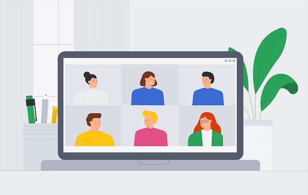 Illustrazione alla moda un gruppo di amici di persone che si incontrano video conferenza online. persone videochiamate e messaggistica parlando, consultazione, seminario, concetto di formazione online.