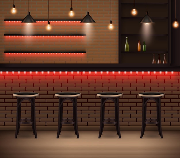 Vector trendy interior of cafe realistic illustration in loft style with counter bar chairs and brick walls