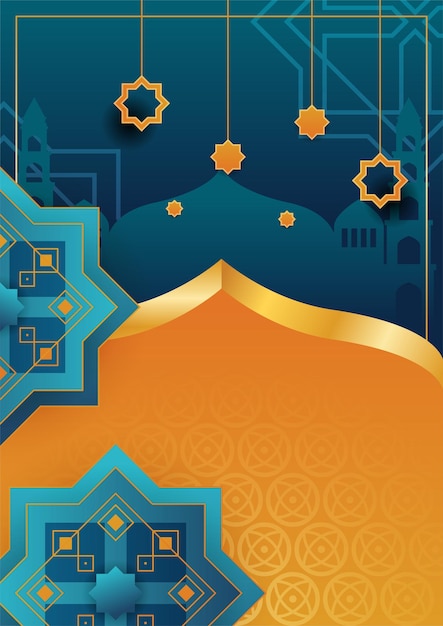 Trendy islamic poster background with mosque arabic pattern lantern moon and crescent Can be used for greeting card poster banner invitation brochure ramadan eid adha iftar invitation