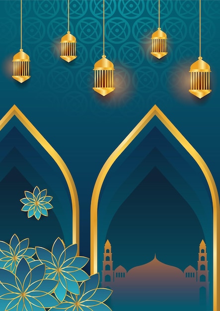 Trendy islamic poster background with mosque arabic pattern lantern moon and crescent Can be used for greeting card poster banner invitation brochure ramadan eid adha iftar invitation