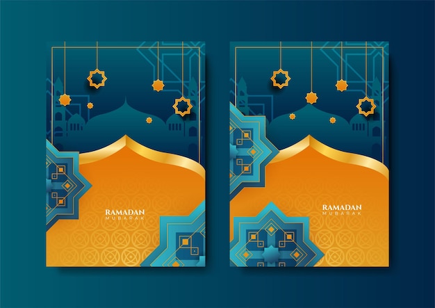 Vector trendy islamic ramadan greeting card and poster background template with mosque lantern pattern and crescent design for iftar invitation ramadhan mubarak kareem vector illustration