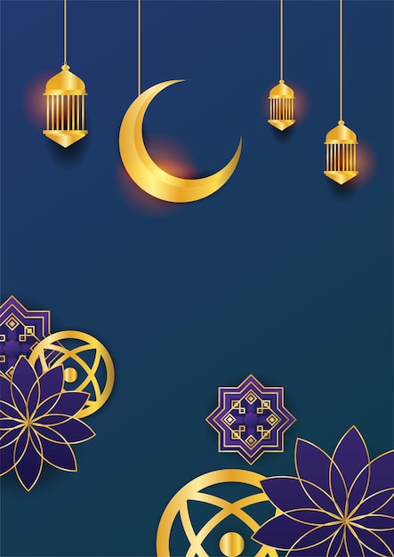 Trendy islamitische poster achtergrond met moskee arabisch patroon lantaarn maan en halve maan kan worden gebruikt voor wenskaart poster banner uitnodiging brochure ramadan eid adha iftar uitnodiging