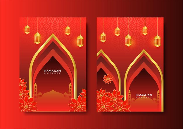 Trendy islamitische ramadan wenskaart en poster achtergrond sjabloon met moskee lantaarn patroon en halve maan ontwerp voor iftar uitnodiging ramadhan mubarak kareem vectorillustratie