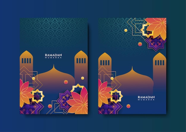 Trendy islamitische ramadan wenskaart en poster achtergrond sjabloon met moskee lantaarn patroon en halve maan ontwerp voor iftar uitnodiging ramadhan mubarak kareem vectorillustratie