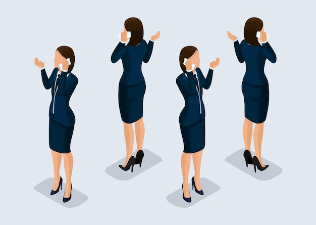 Trendy isometric 3D businesswoman front view and back view