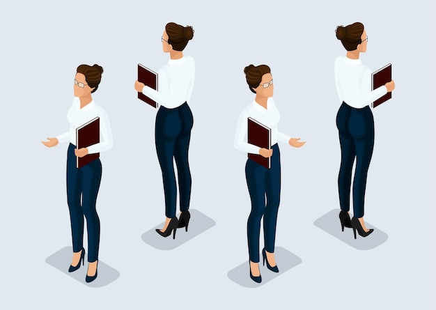 Trendy isometric 3D businesswoman front view and back view