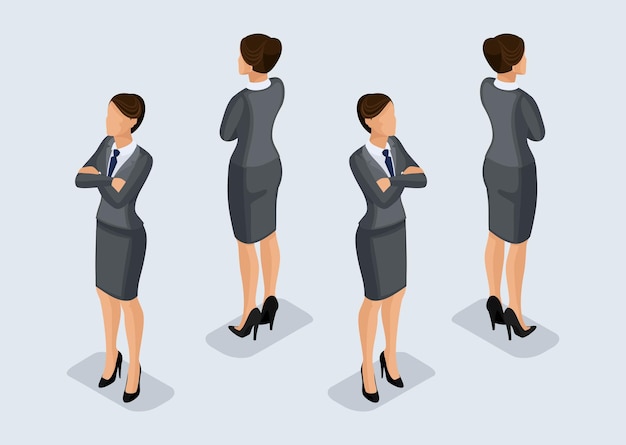 Trendy isometric 3D businesswoman front view and back view