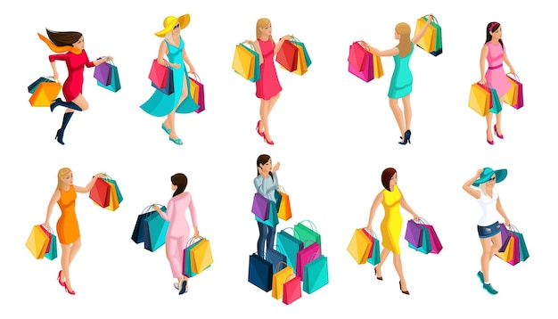 Vector trendy isometric happy girls bought a lot of clothes