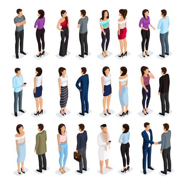 Trendy Isometric people 3D man and woman Male and female characters in different poses