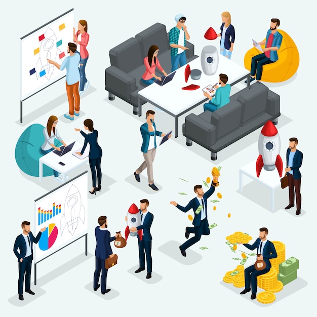 Trendy isometric people, businessman, concept with young people, development of start-up, team of specialists, students, business creation, brainstorming, business