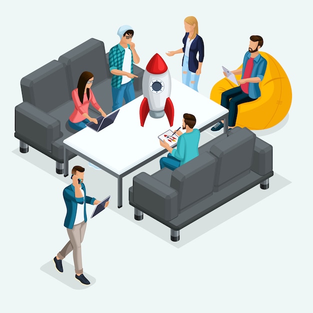 Trendy isometric people, businessman, development of start-up, creative young people, freelancers, team of professionals, business creation, brainstorming on light