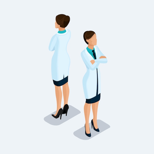 Vector trendy isometric people medical staff hospital doctor nurse surgeon people front view rear view