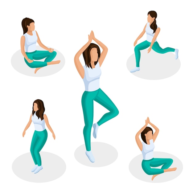 Vector trendy isometric people set 3d woman with a phone in different poses on a light background