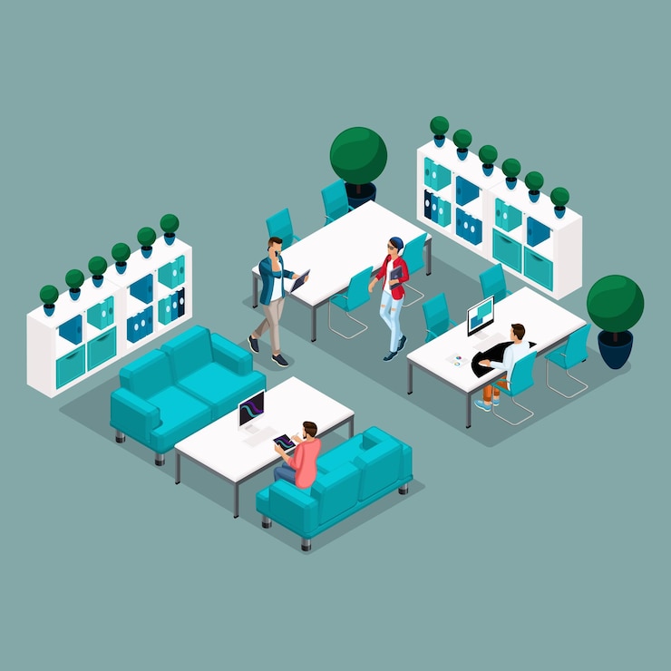 Vector trendy isometric people teenagers young men and girls working in co working freelancers bloggers