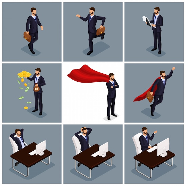 Vector trendy isometric people vector, businessmen jump, running, idea, joy, business scene, connected to a young businessman, office work