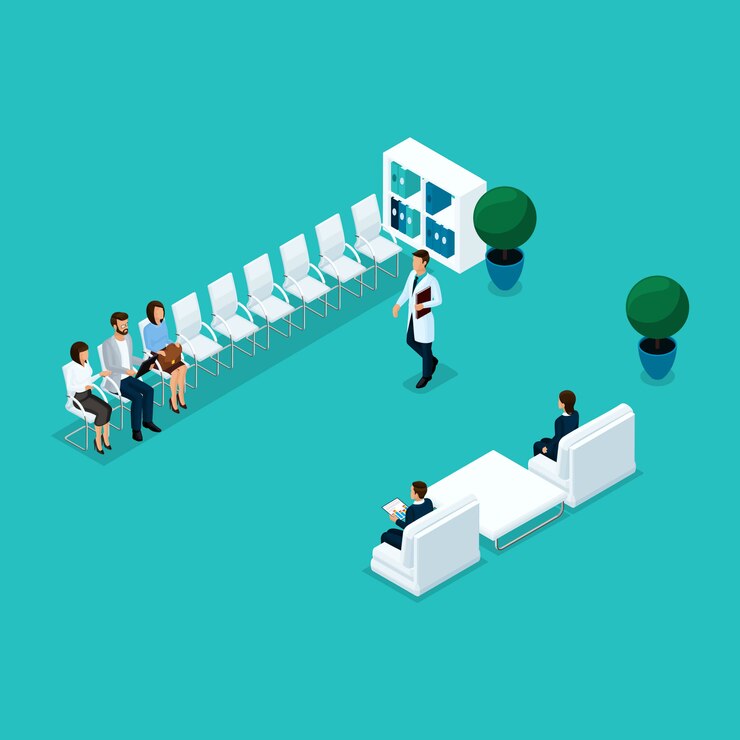 Vector trendy isometric people, waiting at the doctor's office, in turn, patients