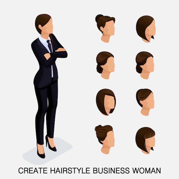 Trendy isometric set, women's hairstyles. young business woman, hairstyle, hair color, isolated. create an image of the modern business woman. vector illustration