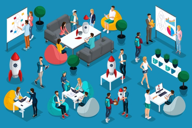 Trendy isometrische 3D-personages van tieners en jonge ondernemers rond de tekst werken freelance