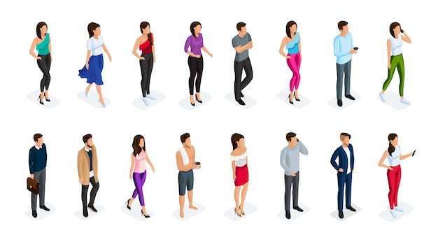 Trendy isometrische mensen 3D man en vrouw Mannelijke en vrouwelijke personages in verschillende poses