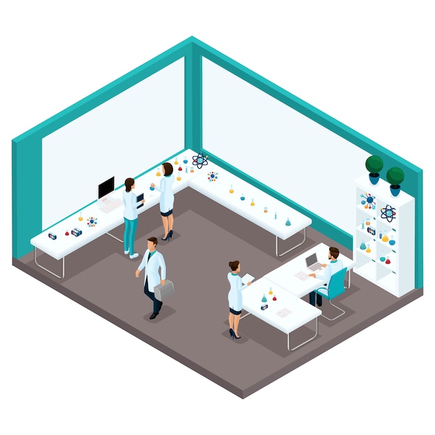 Trendy isometrische mensen, een achteraanzicht van een kast van een laboratorium, wetenschappers, zorgverleners, onderzoek, experimenten, analyses, laboratoriummedewerkers