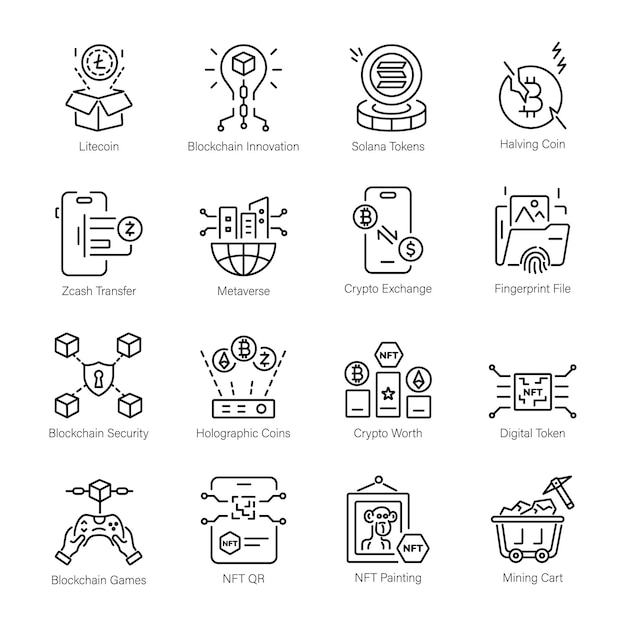 ブロックチェーン技術を描いたトレンディな線形アイコン