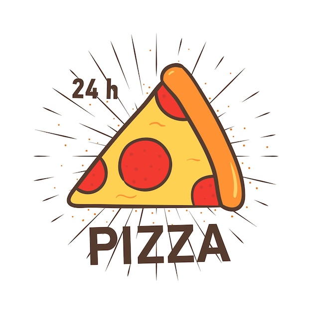 Logotipo alla moda con fetta di pizza e raggi radiali su sfondo bianco. illustrazione vettoriale colorato disegnato a mano in stile retrò per etichetta o logo del ristorante italiano, servizio di consegna cibo 24 ore.