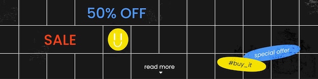 グリッドとステッカー付きのトレンディなミニマルセールバナー。