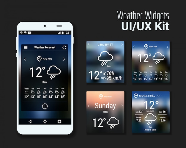 Kit ui widget meteo alla moda per app mobili, su sfondo sfocato, con modello di smartphone