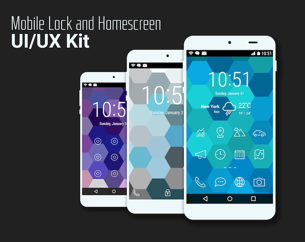 Vector trendy mobile smartphone ui kit, polygonal hexagonal geometric. welcome, lock and home page screens