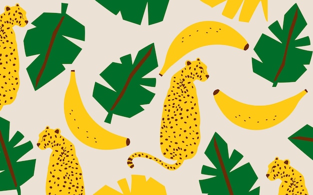 Trendy and modern wildlife pattern with leopards bananas and leaves vector illustration design