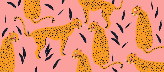 Trendy and modern wildlife pattern with leopards leopards and leaves vector illustration design