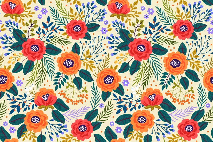 Trendy naadloos bloemenpatroon met heldere bloemen en bladeren op een witte achtergrond. Moderne bloemenachtergrond.