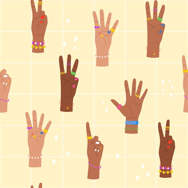Vector trendy naadloos patroon met handen die op de achtergrond van de vingers tellen met nummers weergegeven door handen