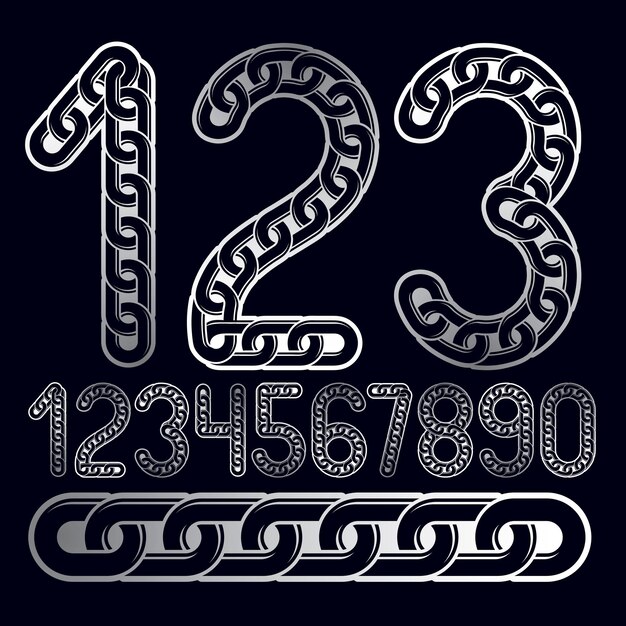 Trendy numbers collection, vector numeration. Made with iron chain, linked connection.