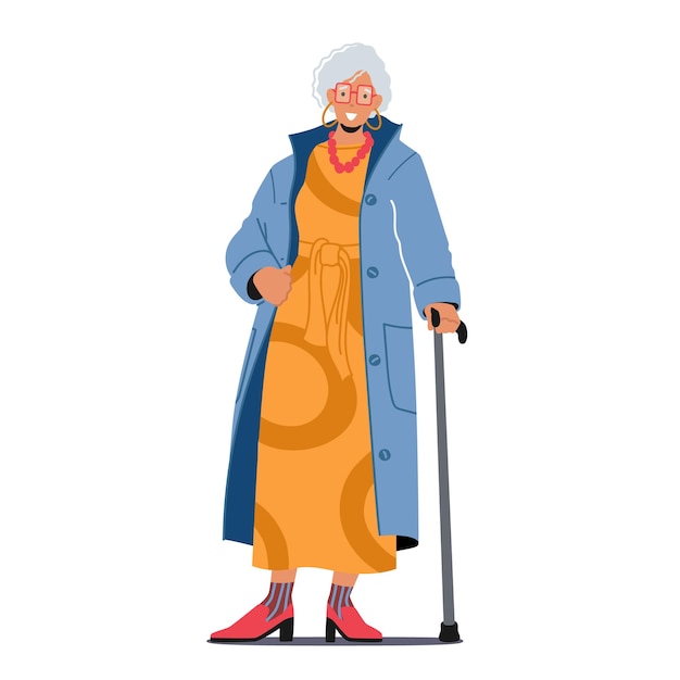 Vettore alla moda vecchia signora con bastone da passeggio personaggio femminile invecchiato indossare abiti alla moda isolati su sfondo bianco elegante donna anziana moderna elegante pensionato invecchiato fumetto persone illustrazione vettoriale