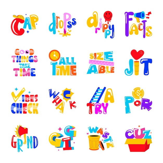 Vector trendy pack of lettering style flat stickers