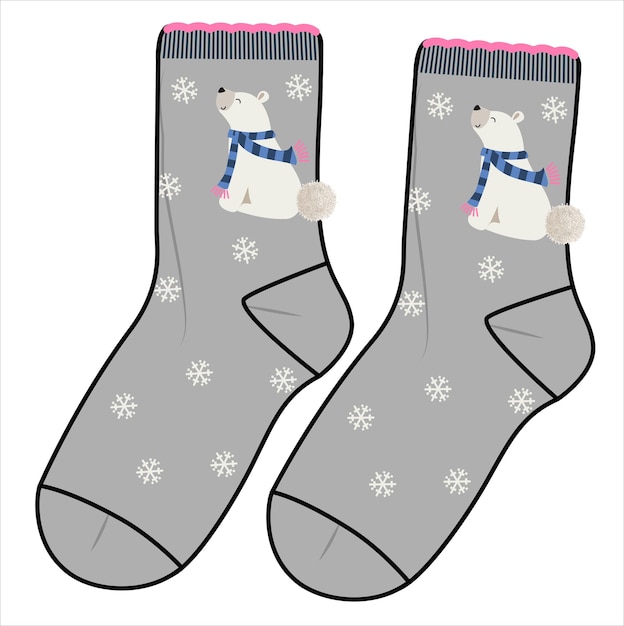 TRENDY PAIR OF SOCKS PAIR WITH POM POM AND TASSELS AND BEAR ANIMAL VECTOR