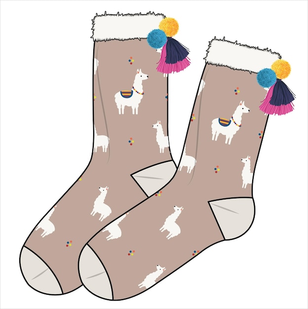 Trendy pair of socks pair with pom pom and tassels and llama animal print vector