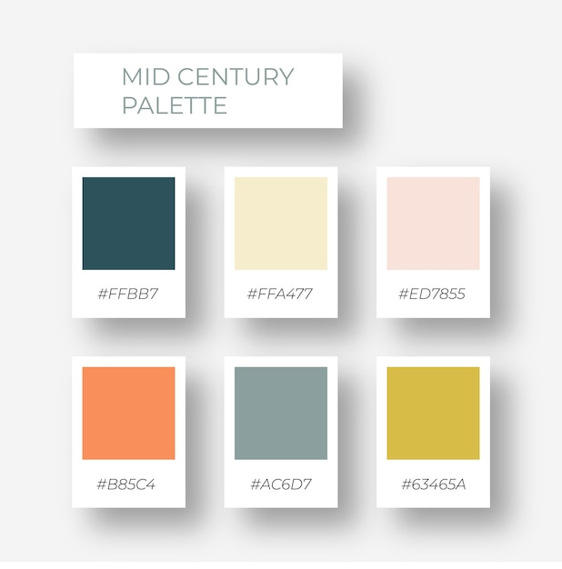 Trendy pallete of color. Mid century color pallete. Swatch modern color shade tone with hex code.