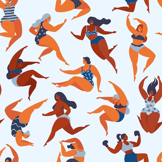 Trendy pattern with girls in summer swimsuits. body positive.  seamless pattern.