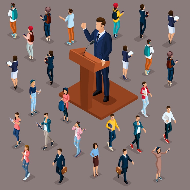 Vector trendy people isometric 3d big president at a meeting with voters tribune