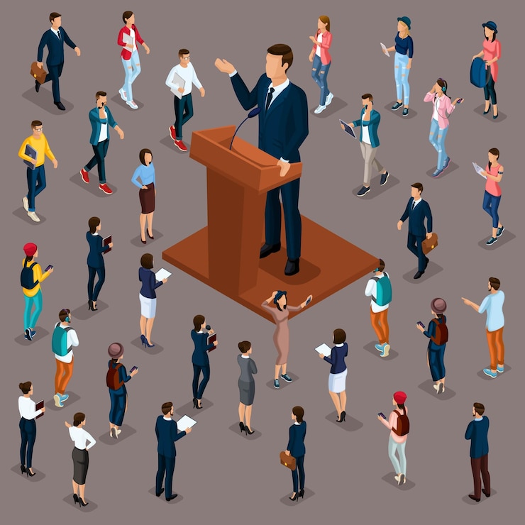 Vector trendy people isometric 3d big president at a meeting with voters tribune