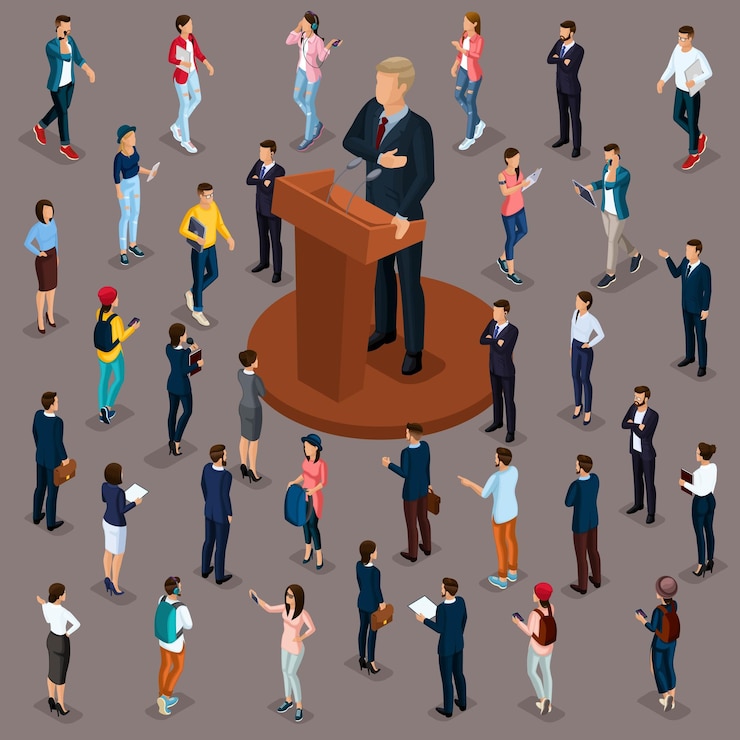 Vector trendy people isometric 3d big president at a meeting with voters tribune