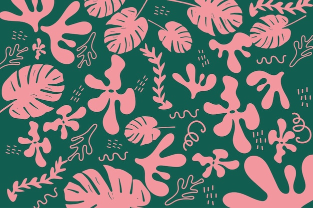 Trendy pink and green handdrawn background with plants